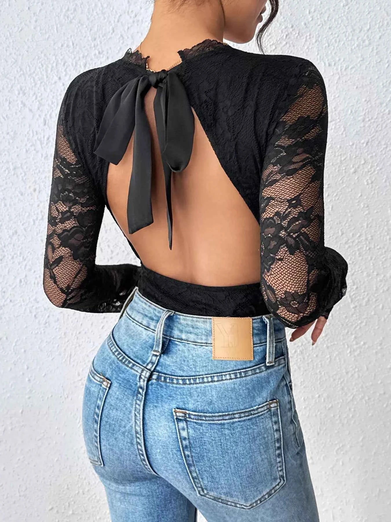 Sarah Express Women's Lace Long Sleeve Bodysuit - Elegant Tied Detail Top