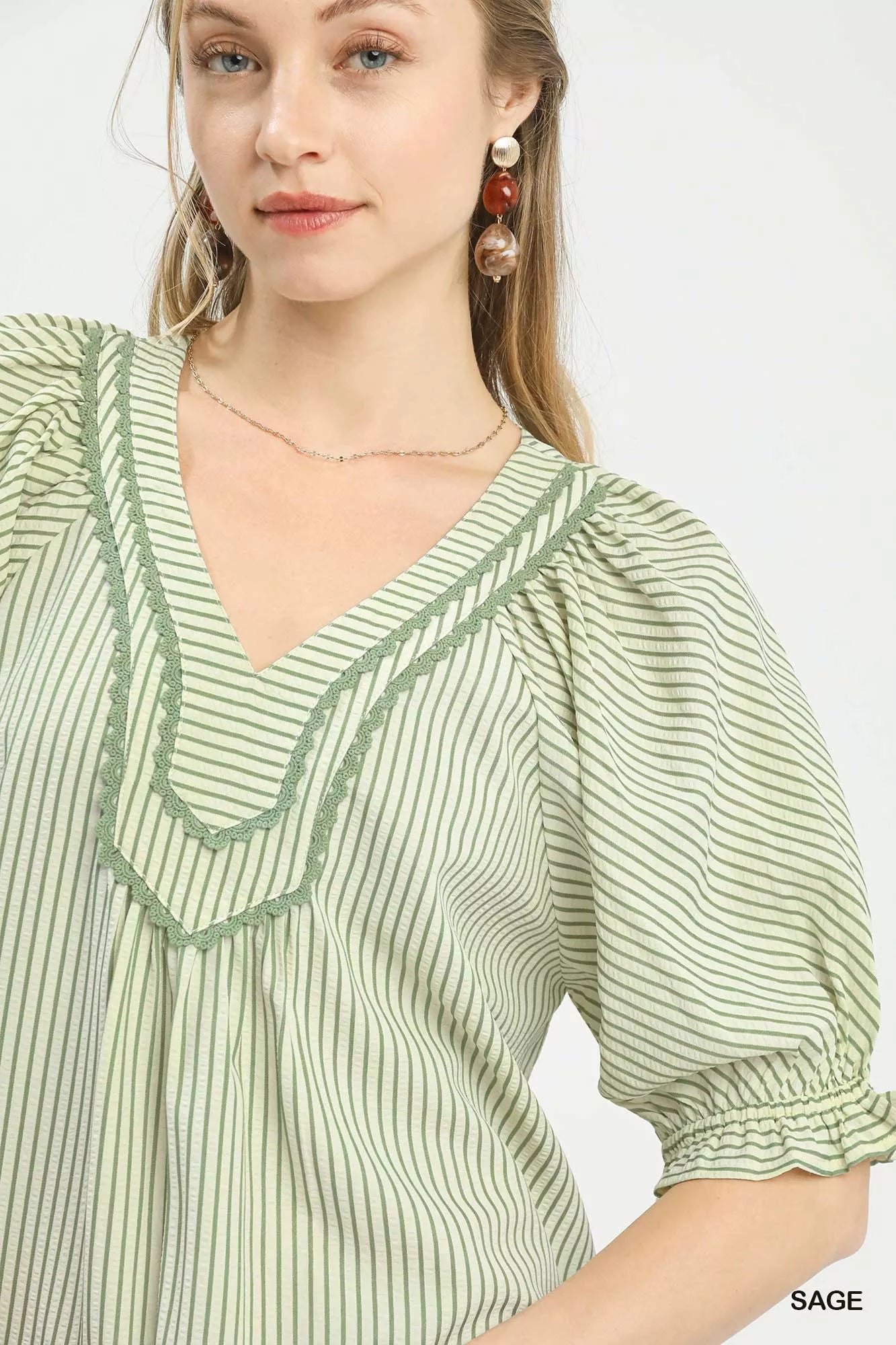 Sarah Express Women's Stripe V-Neck Blouse with Lace Detail