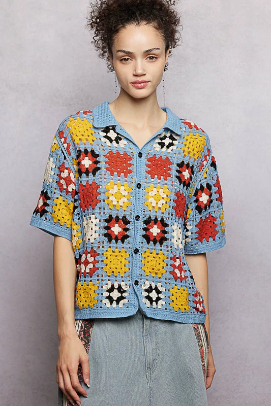Sarah Express Women's Crochet Short Sleeve Button Down Shirt - Retro Color Block Knit Blouse