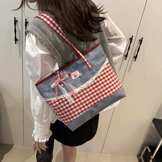 Sarah Express Korean Lace-Trim Color-Block Plaid Tote Bag | Women's Fashion Shoulder Bag