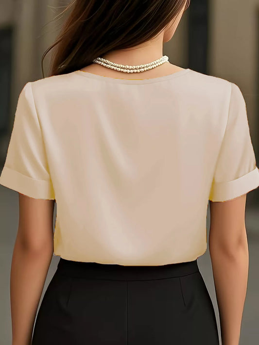 Sarah Express Women's V-Neck Short Sleeve Satin Blouse