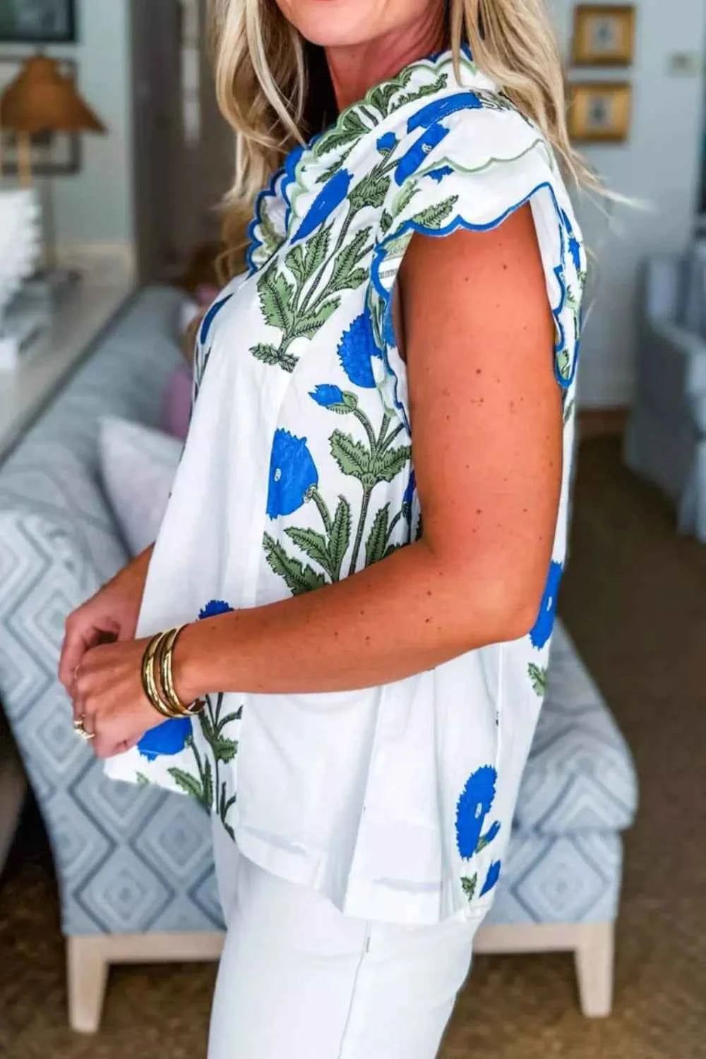 Sarah Express Women's Floral Print Ruffle Trim Blouse - Short Sleeve Cotton Viscose Top