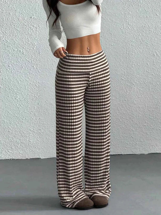Sarah Express Women's Striped Wide Leg Pants - High Waist Casual Trousers