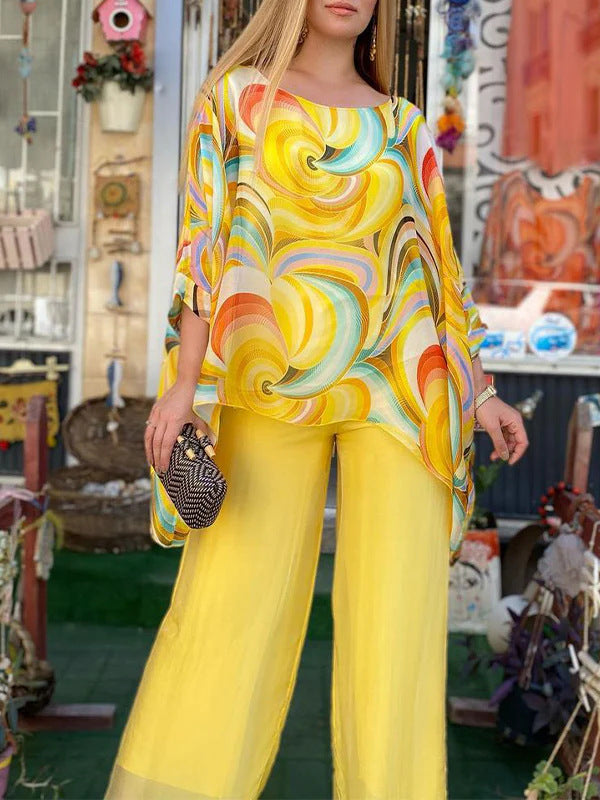 Sarah Express Printed Chiffon Two-Piece Set Round Neck 3/4 Sleeve Top Pants Suit