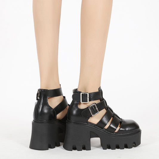 Sarah Express Women's Vintage Roman Sandals | Hollow-Out Woven Square Toe Chunky Platform Heels