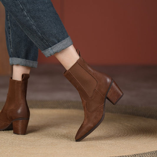 Sarah Express Women's Retro Pointed-Toe Ankle Boots with Elastic Band and Chunky Heel