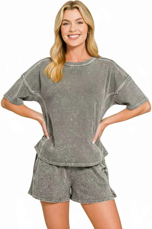Sarah Express Women's Snow Washed Short Sleeve Tee and Shorts Set - Casual Loungewear