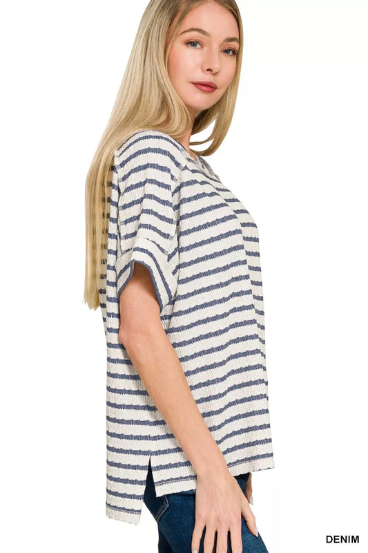 Sarah Express Women's Striped Short Sleeve Hi-Low Tee