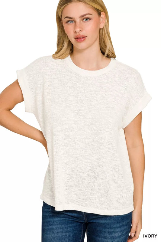 Sarah Express Women's Hacci Slub Rolled Sleeve Tee - Relaxed Fit Casual Top