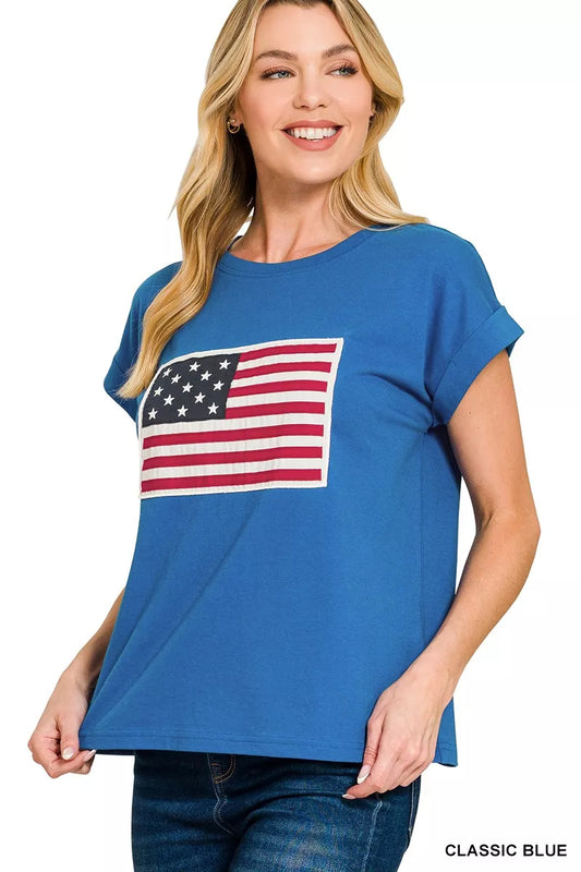 Sarah Express Women's US Flag Round Neck Short Sleeve T-Shirt