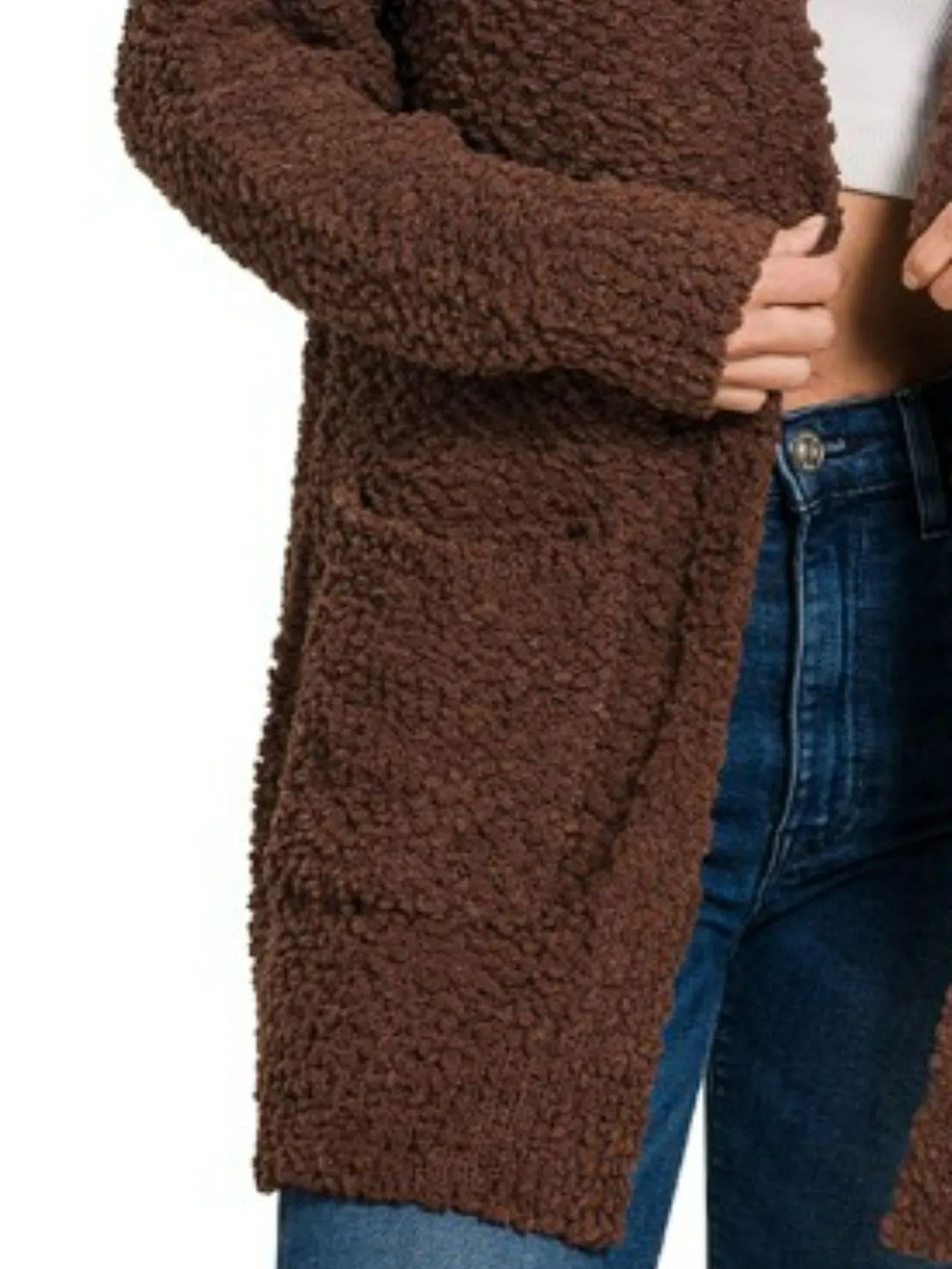 Sarah Express Women’s Brown Boucle Knit Cardigan with Pockets Casual