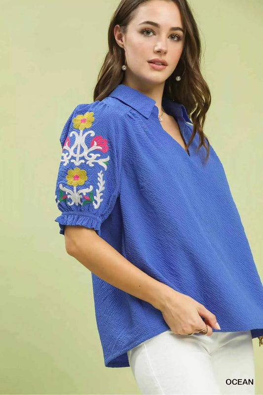 Sarah Express Women's Seersucker Embroidered Sleeve Blouse - Lightweight Summer Top