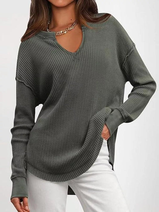 Sarah Express Women's Slit Notched Long Sleeve T-Shirt