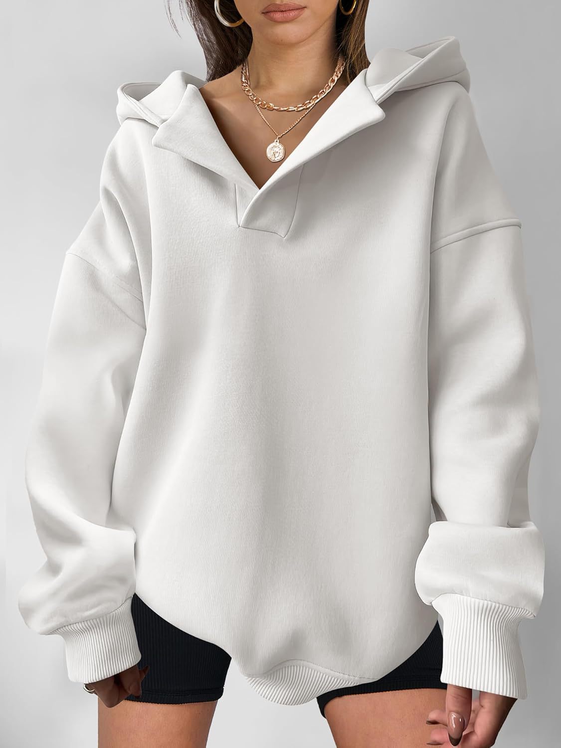 Sarah Express Women's Loose Fit Hoodie Sweatshirt - Solid Color Long Sleeve Pullover Top