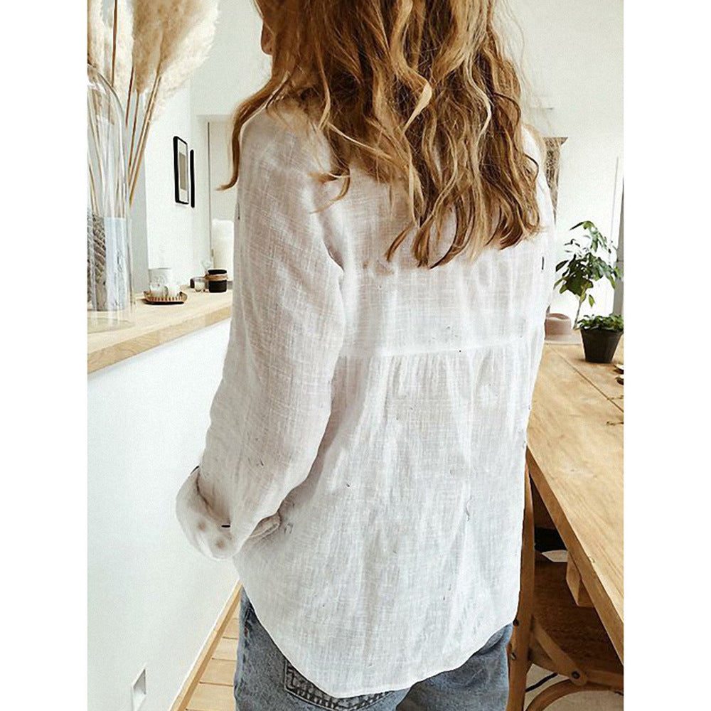 Sarah Express Women's Cotton Linen Button Up Shirt Long Sleeve Lapel Collar Classic Blouse Top