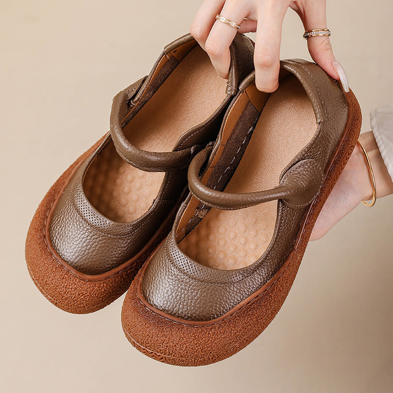 Sarah Express Women's Retro Flat Round-Toe Velcro Shoes – Genuine Leather | Black, Brown, Khaki Khaki