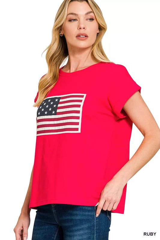 Sarah Express Women's US Flag Round Neck Short Sleeve T-Shirt Plus Size