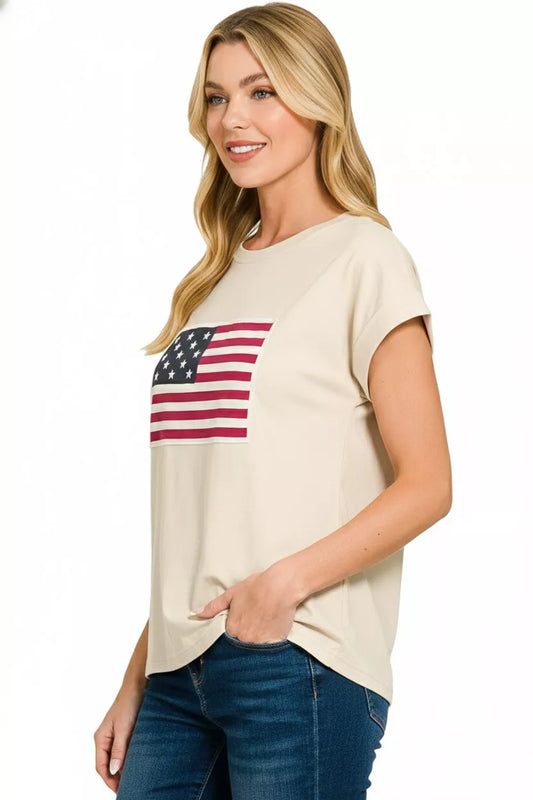 Sarah Express Women's US Flag Round Neck Short Sleeve T-Shirt Plus Size