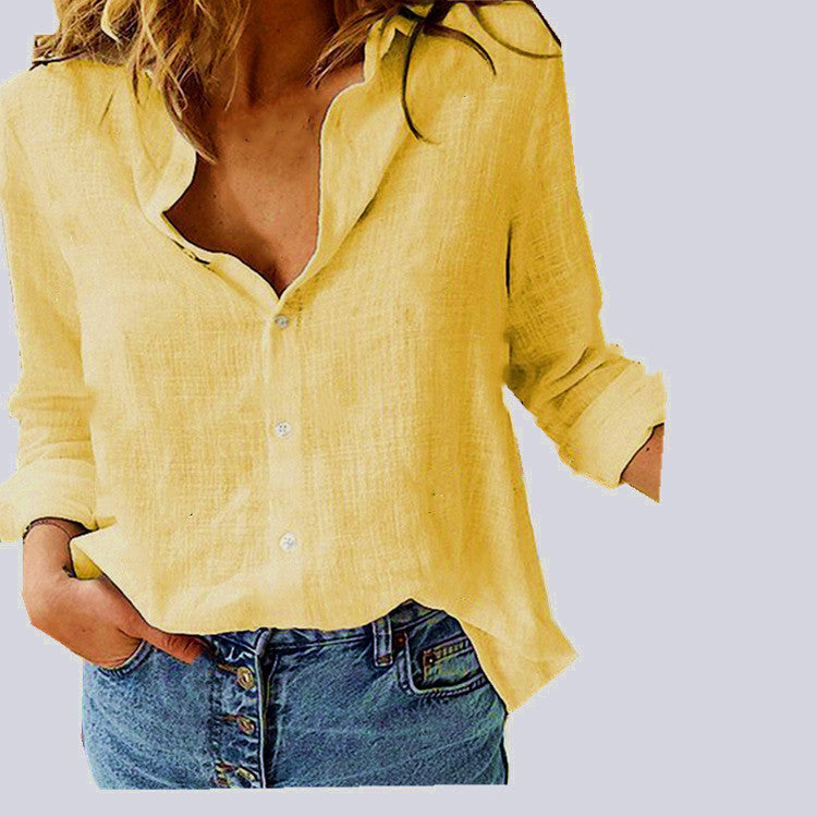 Sarah Express Women's Cotton Linen Button Up Shirt Long Sleeve Lapel Collar Classic Blouse Top