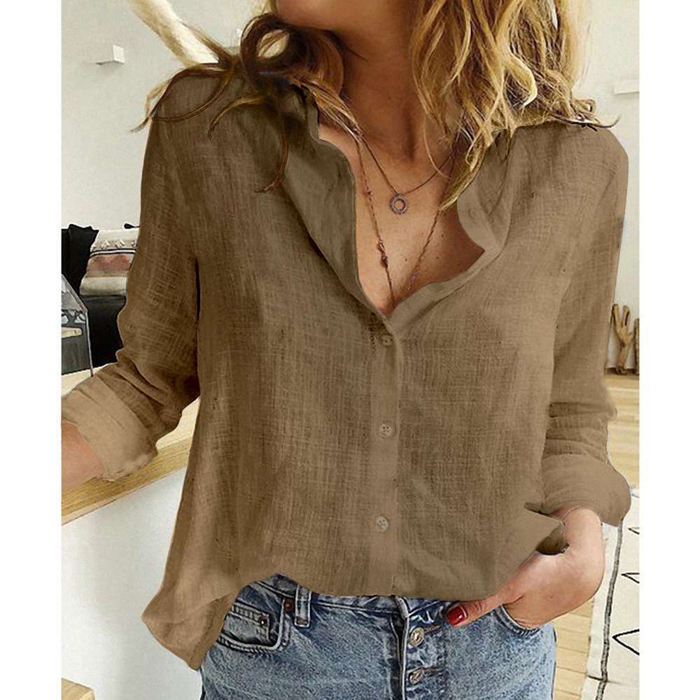 Sarah Express Women's Cotton Linen Button Up Shirt Long Sleeve Lapel Collar Classic Blouse Top