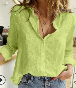 Sarah Express Women's Cotton Linen Button Up Shirt Long Sleeve Lapel Collar Classic Blouse Top
