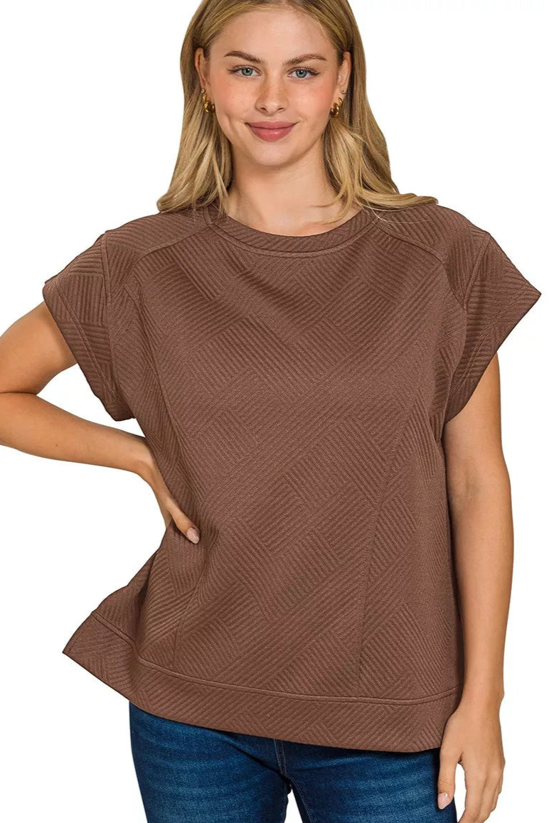 Sarah Express Women’s Textured Knit Jacquard Short Sleeve Top Casual