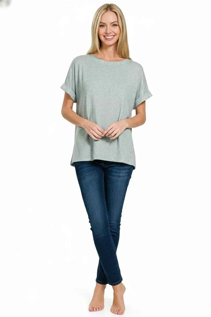 Sarah Express Women's Soft Melange Hacci Short Sleeve Round Neck Top