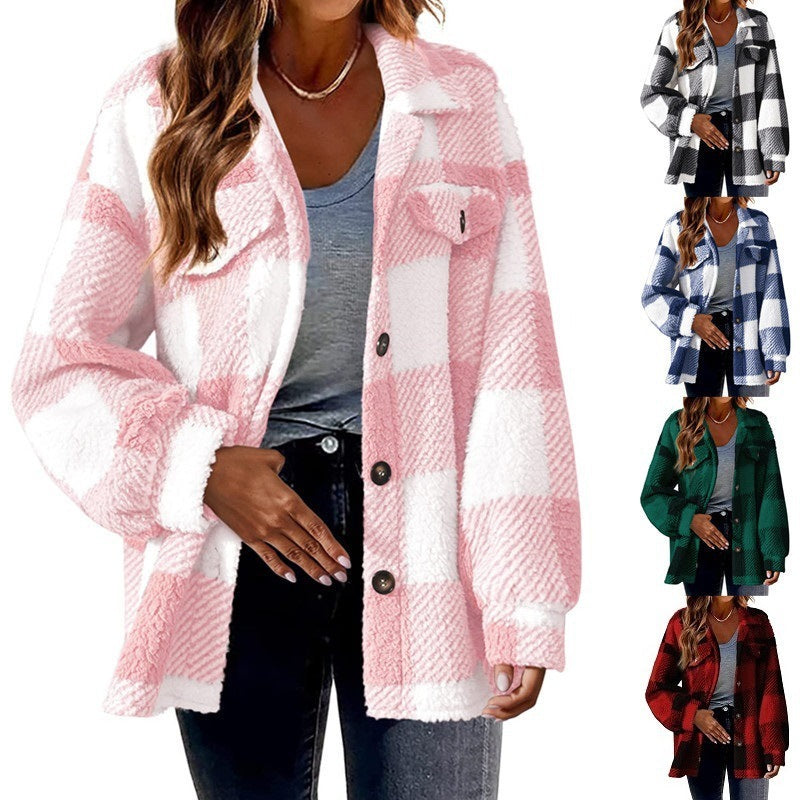 Sarah Express Women's Striped Plush Jacket - Button-Front Shacket Coat in 8 Colors - Loose Fit S-5XL Plus Size