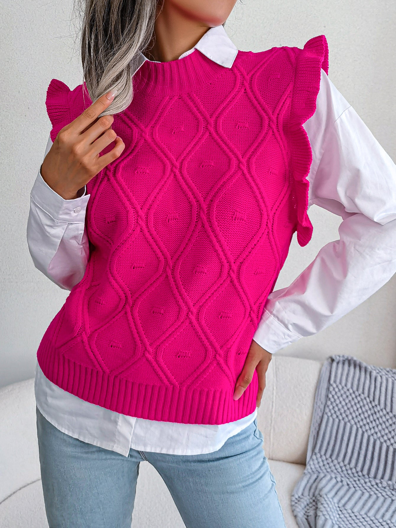 Sarah Express Women's Ruffled Diamond Knit Sweater Vest - Sleeveless V-Neck Pullover Rose red