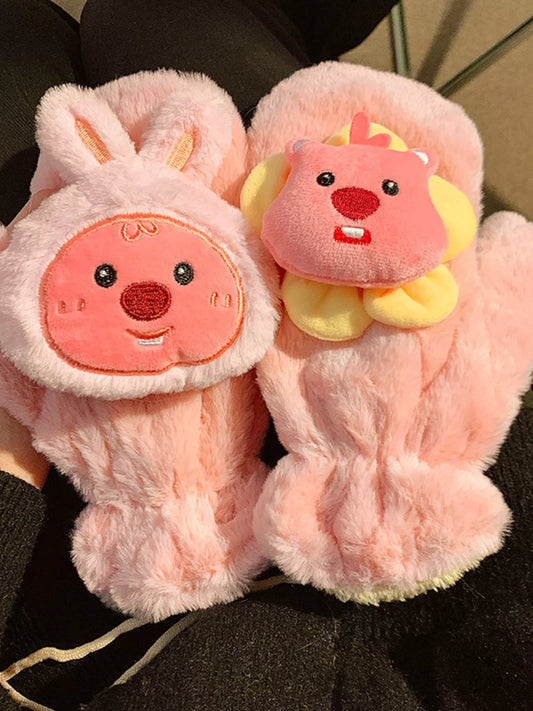 Sarah Express Women's Cartoon Plush Warm Winter Gloves Dusty Pink One Size