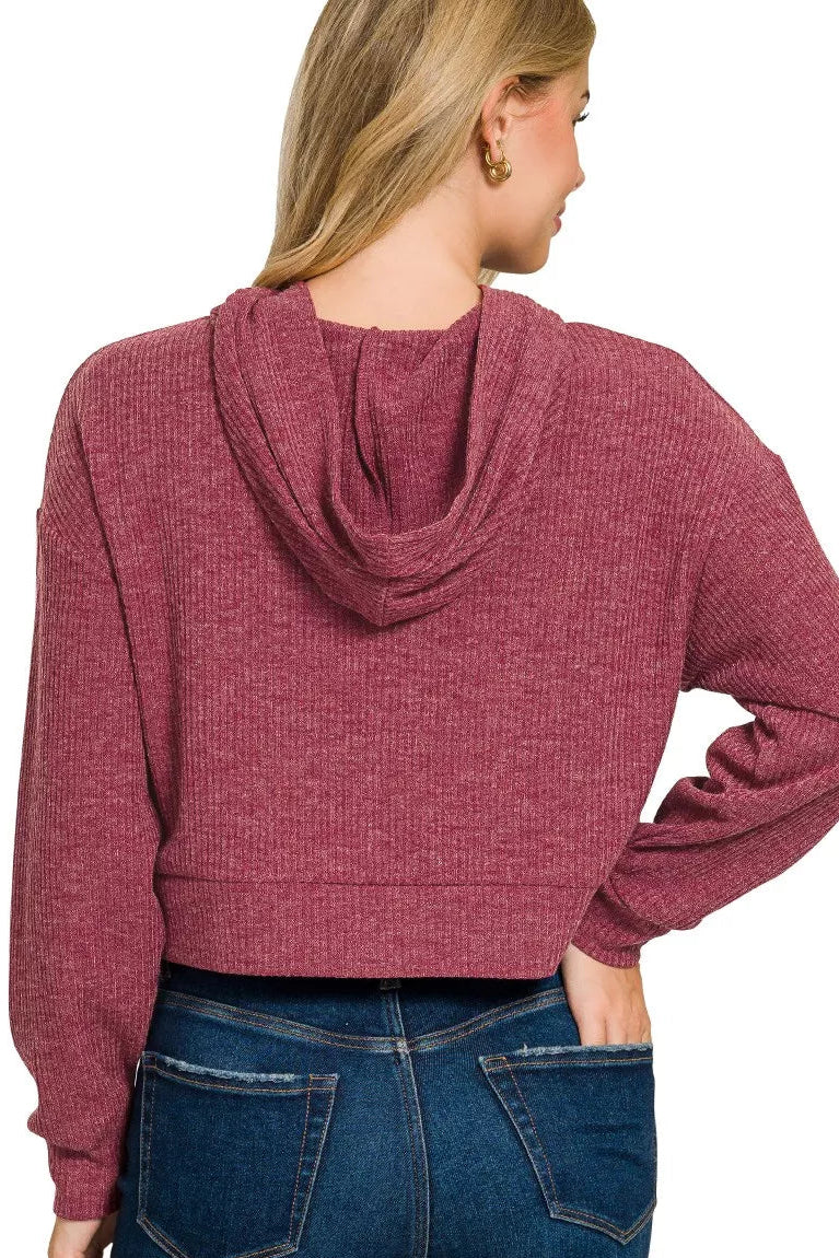 Sarah Express Women’s Ribbed Drop Shoulder Cropped Hoodie Casual