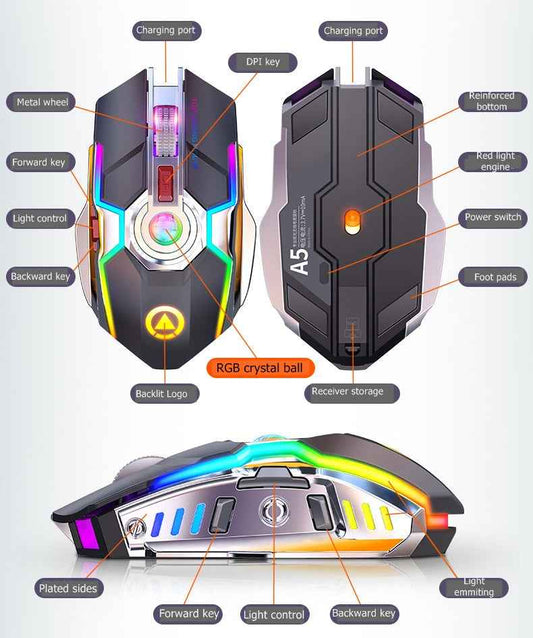 Sarah Express Wireless RGB Gaming Mouse Rechargeable Silent Click Ergonomic