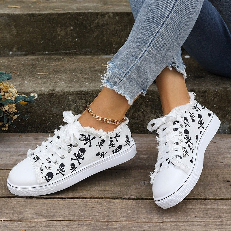 Sarah Express Women's Graffiti Hip-Hop Casual White Sneakers – Lace-Up Low-Top Street Style