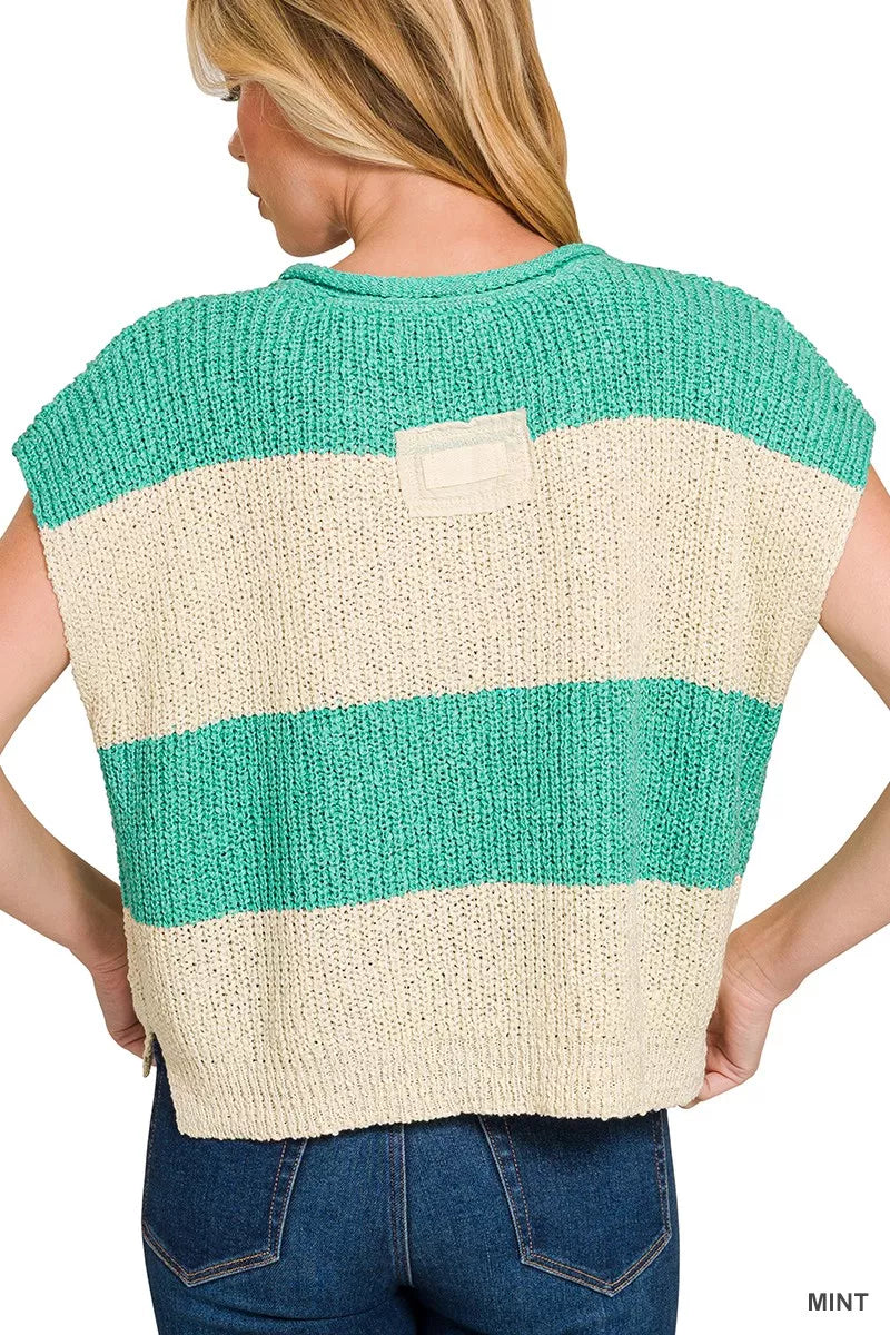 Sarah Express Women's Split Neck Sleeveless Stripe Sweater