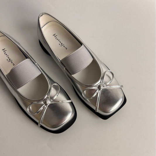 Sarah Express Women's Bow-Knot Genuine Leather Ballet Flats - Chunky Heel Mary Jane Shoes