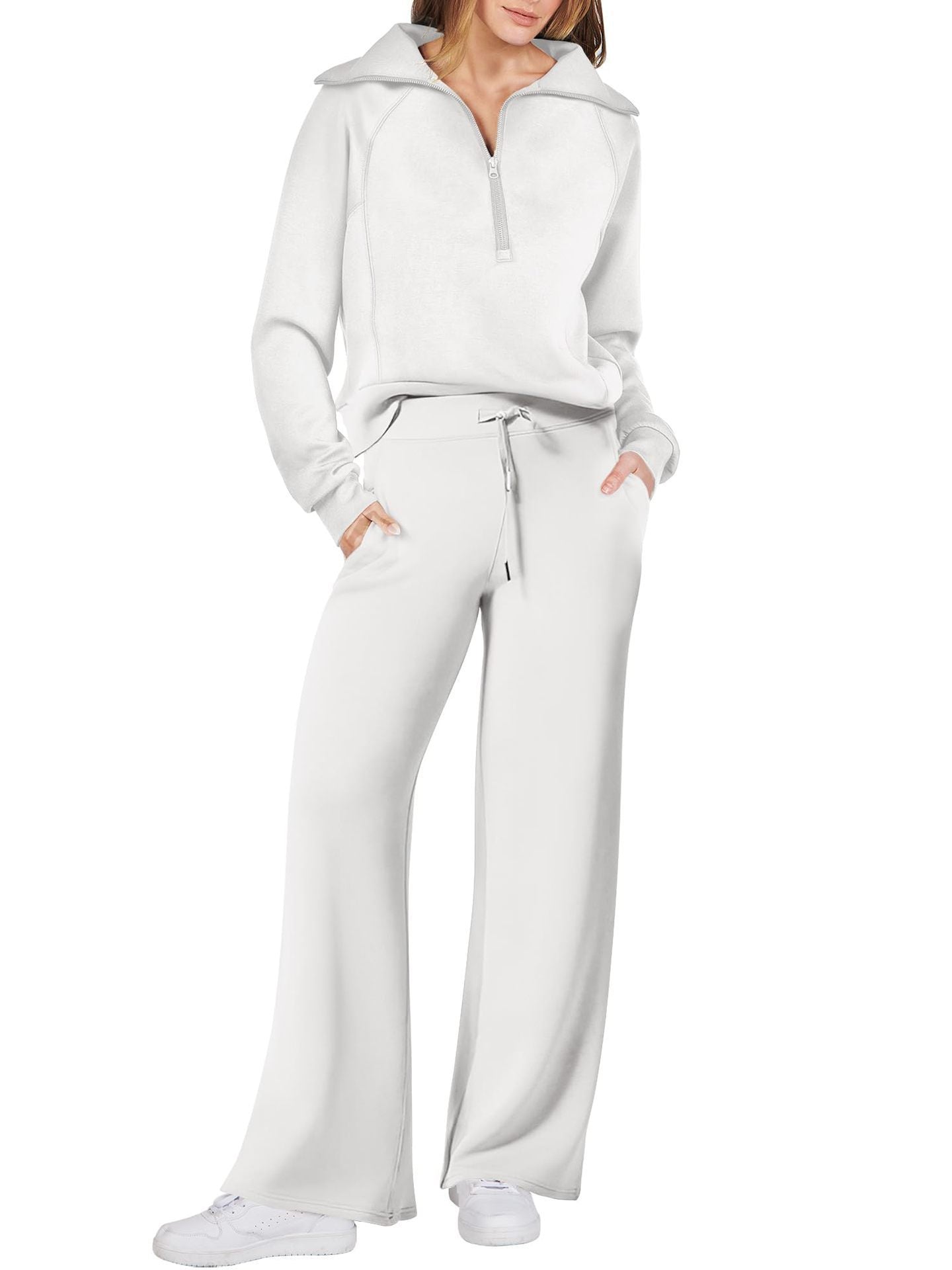 Sarah Express Women's Long Sleeve Zipper Sweatshirt and Wide-Leg Pants Athleisure Set
