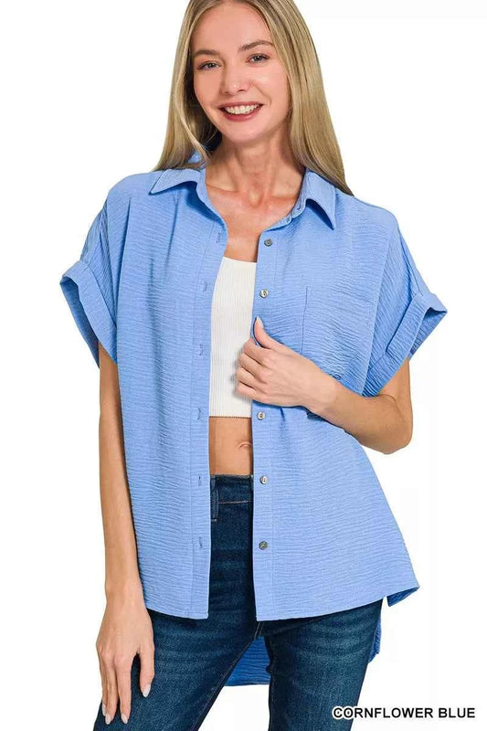Sarah Express Women's Woven Airflow Button Down Shirt - Lightweight Breathable Blouse