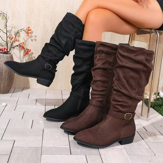 Sarah Express Belt Buckle High Shaft Suede Long Boots