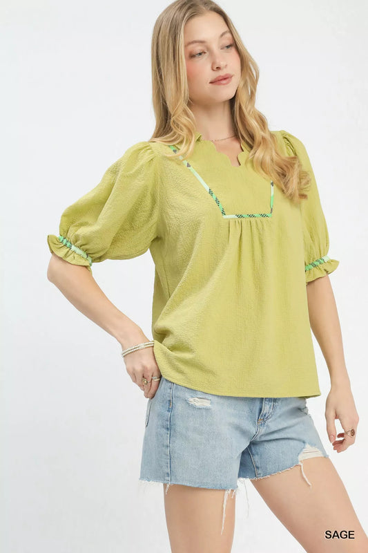 Sarah Express Women's Scalloped Trim Blouse with Puff Sleeves