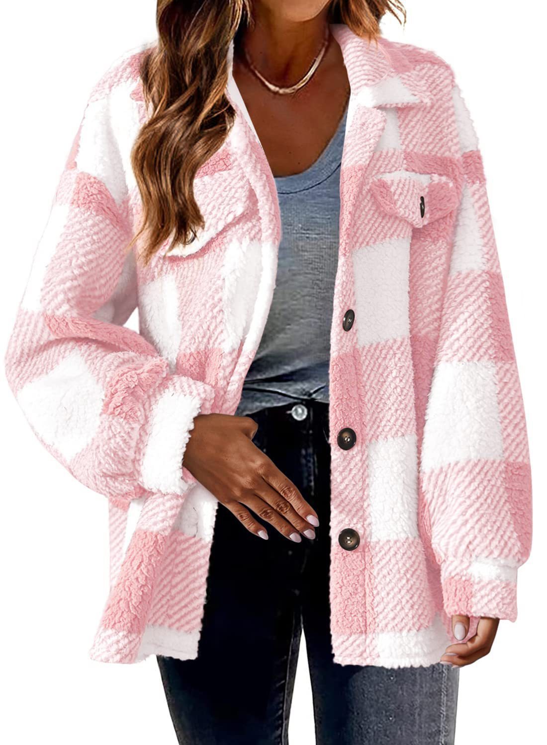 Sarah Express Women's Striped Plush Jacket - Button-Front Shacket Coat in 8 Colors - Loose Fit S-5XL Plus Size