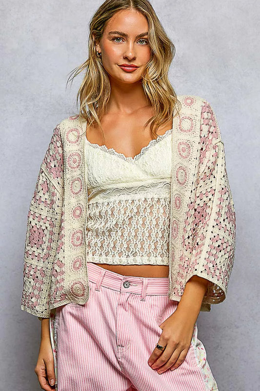 Sarah Express Women's Open Front Crochet Cardigan with Granny Square Pattern
