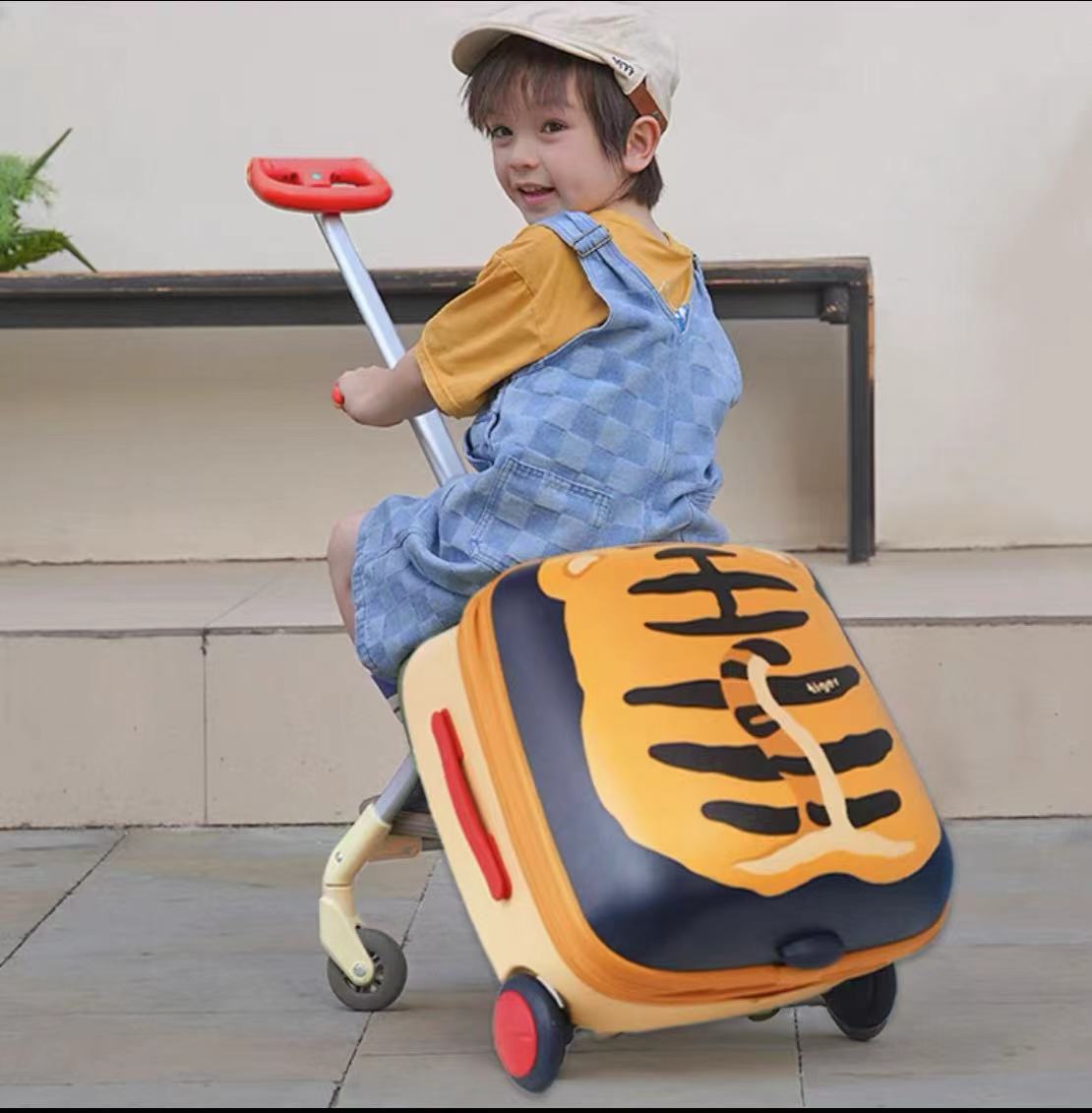 Sarah Express 2-in-1 Kids Ride-On Travel Suitcase & Stroller | Anime Canvas Carry-On with Brake Wheels | Expandable 45L Tiger 45L