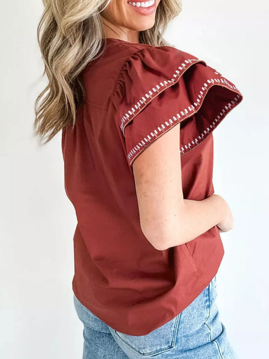 Sarah Express Women's Contrast Trim Flutter Sleeve V-Neck Blouse