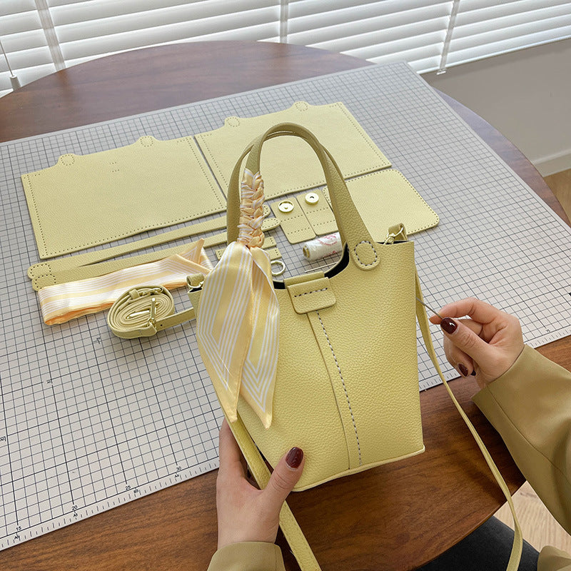 Sarah Express Western Style Bucket Bag with Silk Scarf for Women - PU Leather Crossbody Handbag Light Yellow