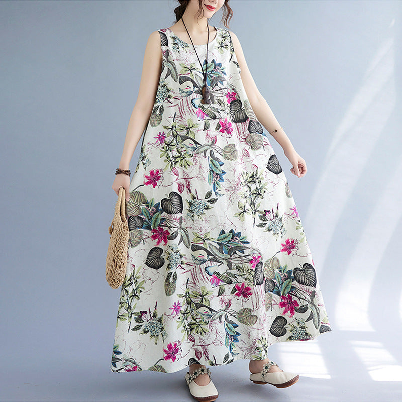 Sarah Express Women's Printed Cotton Linen Maxi Dress - Sleeveless Round Neck Bohemian Plus Size