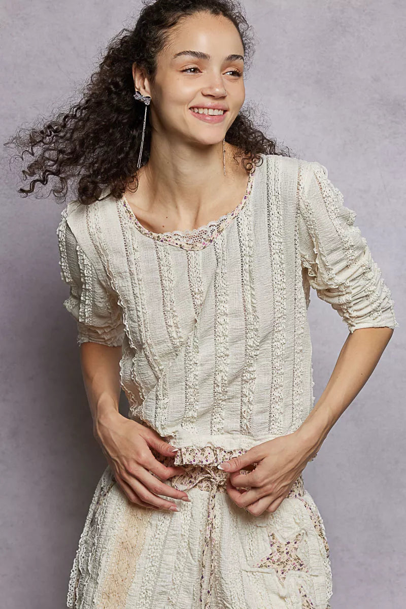 Women's Texture Long Sleeve Blouse with Floral Ruffled