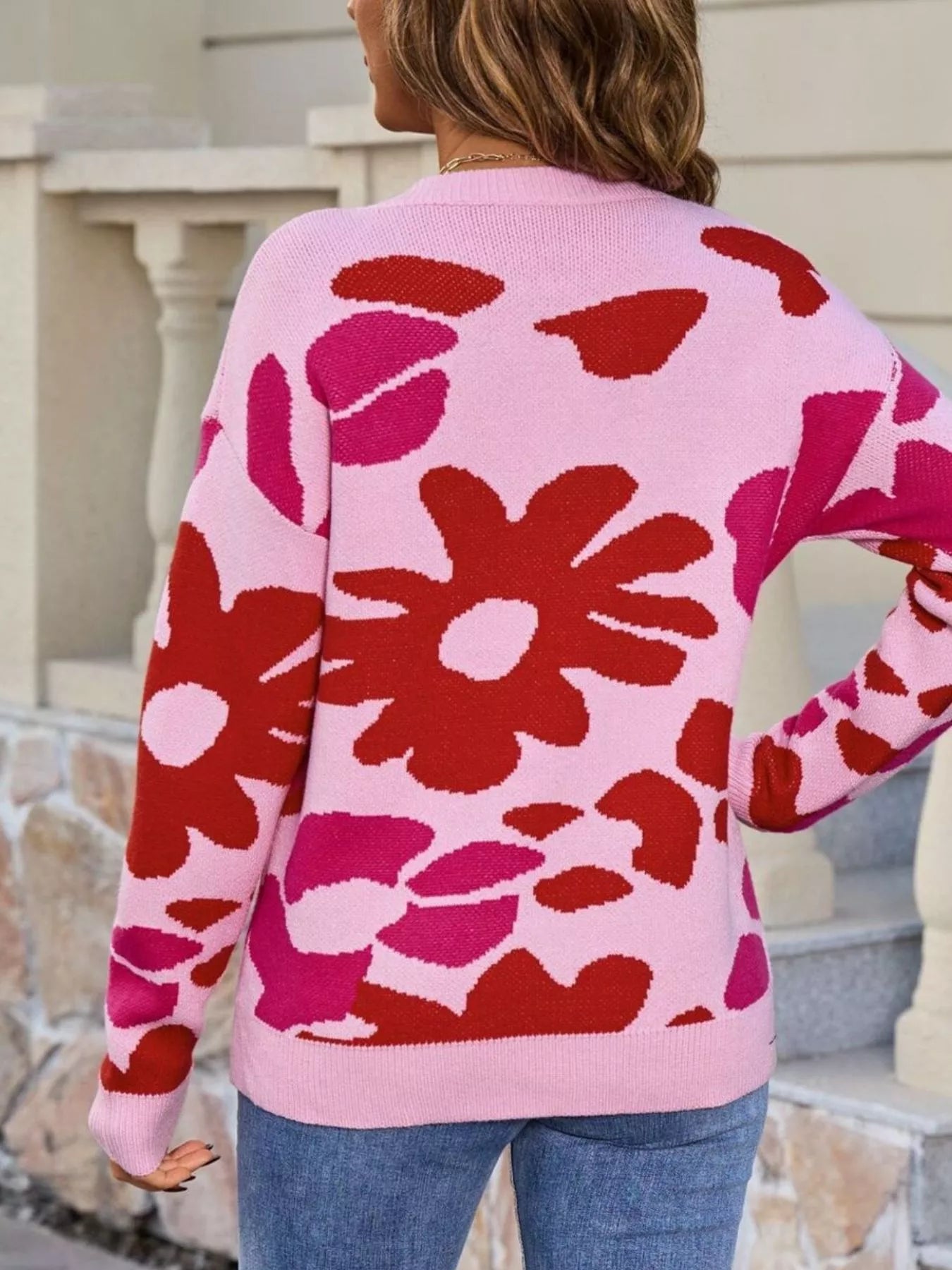 Sarah Express Women's Floral Crew Neck Long Sleeve Sweater