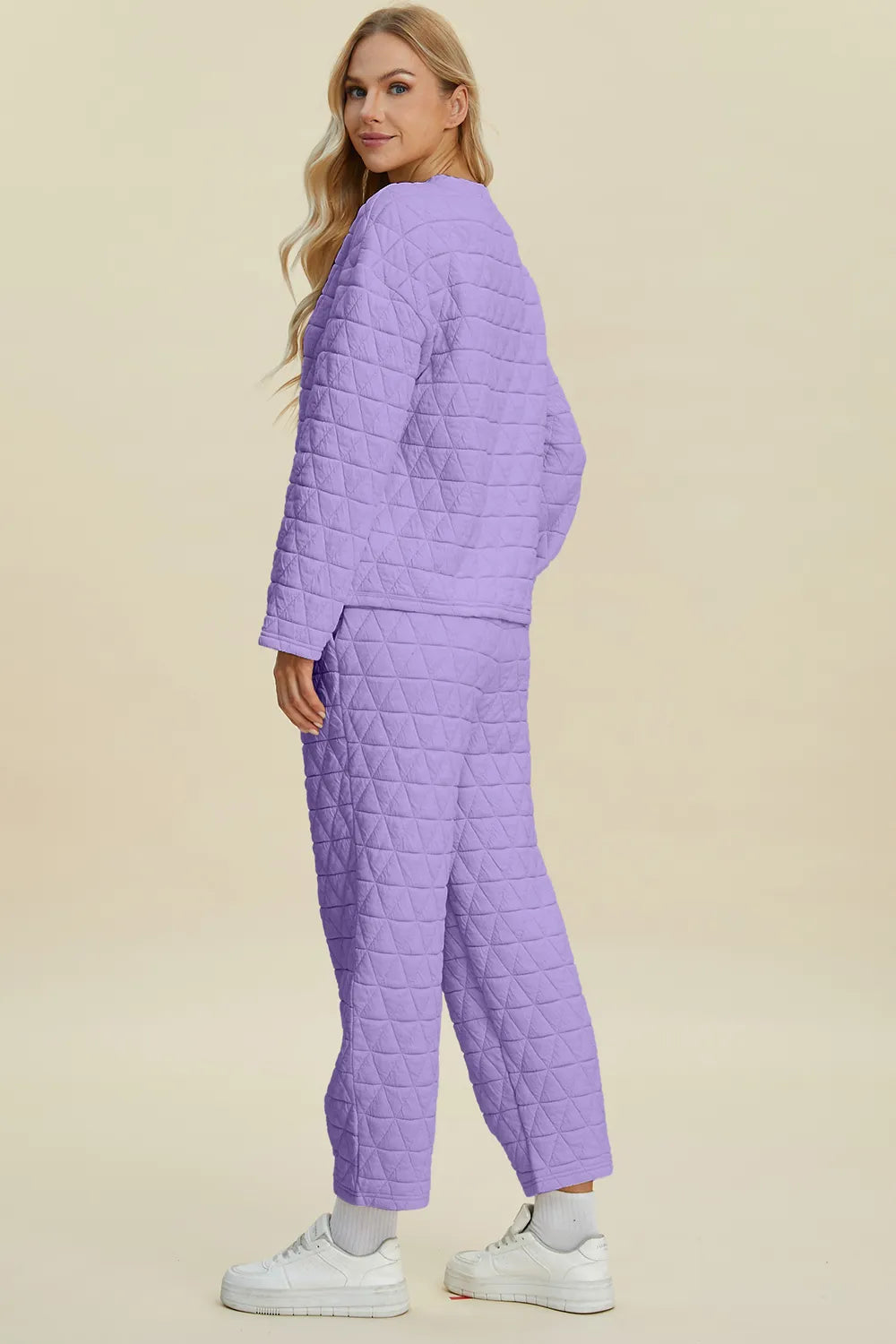 Sarah Express Women's Textured Round Neck Long Sleeve Top and Pants Set