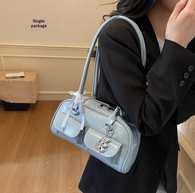 Sarah Express Bow-Tie Ribbon Bowling Bag | Stylish High-Capacity Shoulder & Tote Bag for Women Blue Without pendant