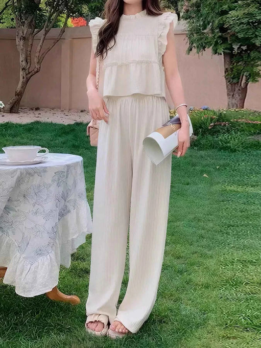 Sarah Express Women's Ruffled Sleeveless Top and Wide Leg Pants Two-Piece Set